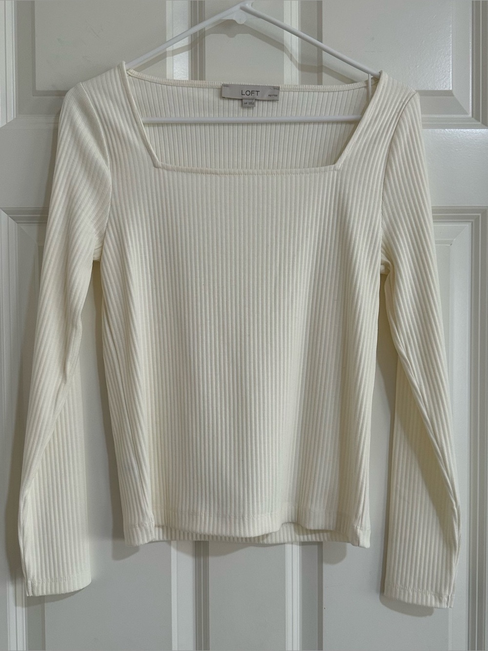 LOFT Ivory Ribbed Square Neck Long Sleeve Top MP, NWOT, Never Worn